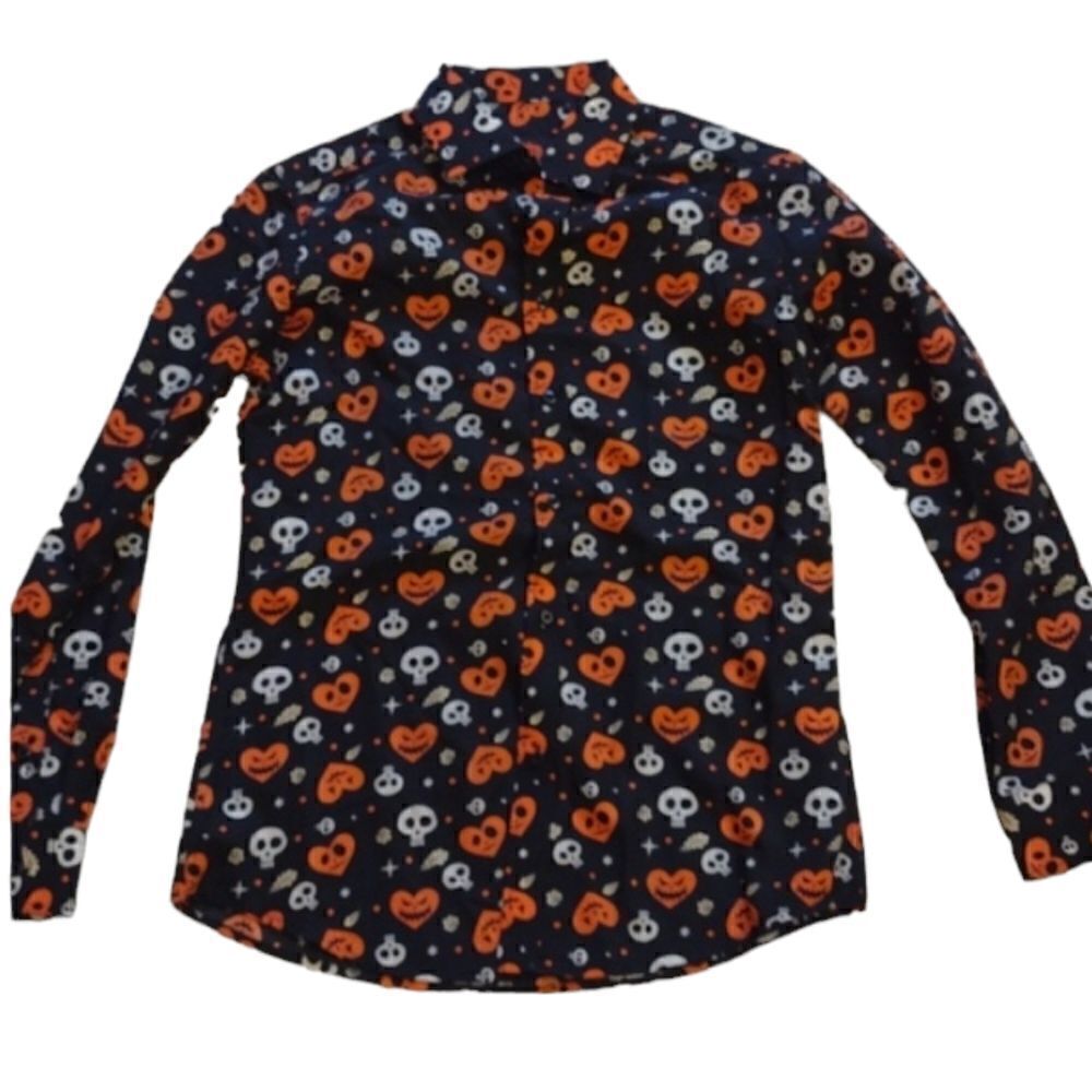 NWOT Simon Banks Halloween buttondown longsleeve shirt heart pumpkins skulls S